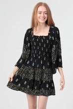 Load image into Gallery viewer, 5587- Mixed Print Wide Bell Sleeve Smocked Bodice-BLACK
