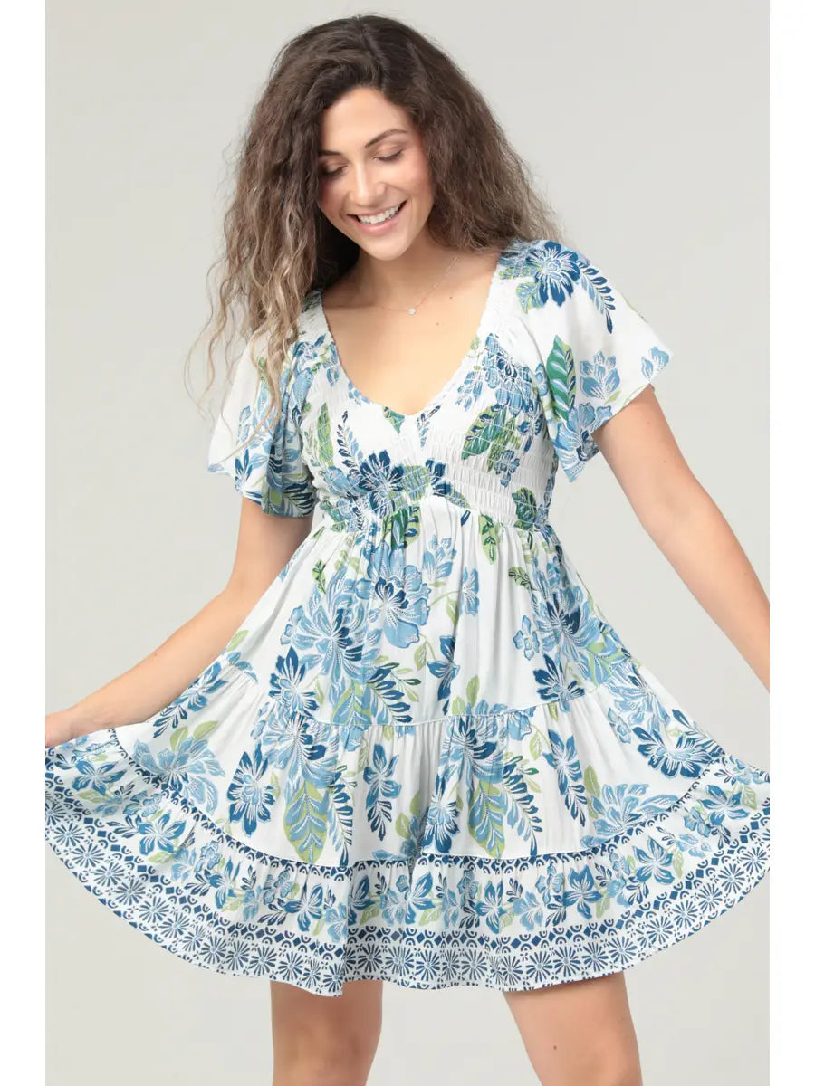 5294-V Neck Smocked Bust Dress-SHORT SLV-BLUE