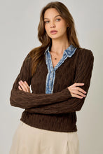 Load image into Gallery viewer, 6576- Denim Mix Textured Knit Henley Top-CHOCOLATE
