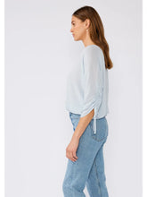 Load image into Gallery viewer, 5084-Metallic Stripe Ruched Sleeve Button Front Blouse-BLUE
