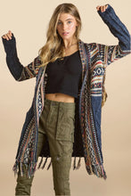 Load image into Gallery viewer, 6526- Fringe Hem Tribal Sweater Cardigan-NAVY

