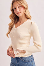 Load image into Gallery viewer, 6358-Lace Cuff Ribbed Knit V-Neck Top-ECRU
