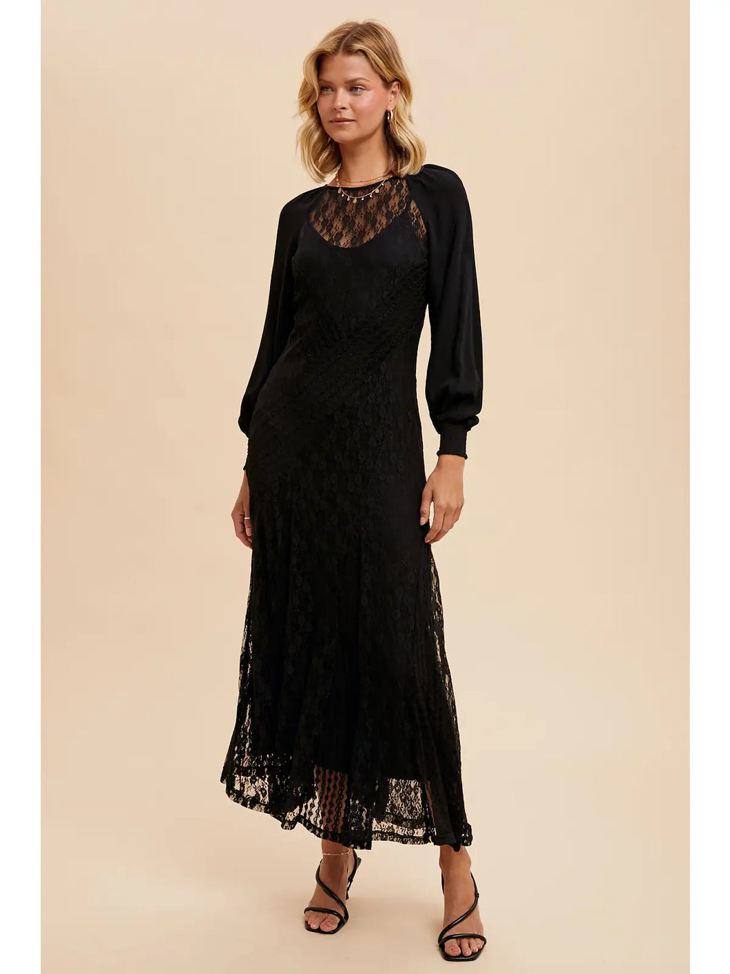 4689-Raglan Vintage Lace Paneled Dress-BLACK