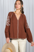 Load image into Gallery viewer, 6568- Floral Embroidered V-Neck Cotton Gauze Blouse-BROWN
