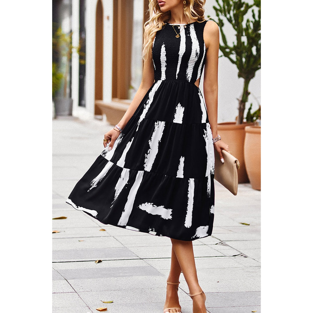 4980-Floral Print Cut Out Ruched Fit Sleeveless Ruffle Dress-BLACK