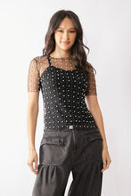 Load image into Gallery viewer, 5230-Bead and Pearl Embellished Short Sleeves Mesh Top-BLACK

