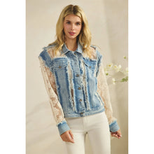 Load image into Gallery viewer, 5865-Denim Jacket with Floral Organza Inset-WHITE
