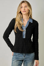 Load image into Gallery viewer, 6577- Denim Mix Textured Knit Henley Top-BLACK
