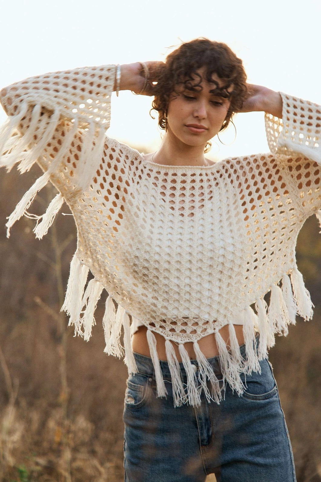 5343-Boat Neck Fishnet Sweater with Fringe Detail