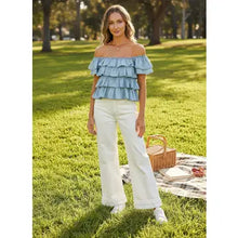 Load image into Gallery viewer, 6197- Tiered Flutter Sleeve Chambray Denim Casual Top
