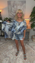 Load and play video in Gallery viewer, 5192-Short Puff Sleeve V-Split Neck Top with Lace Trim-BLUE
