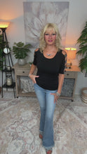 Load and play video in Gallery viewer, 5203-EMBELLISHED CUT OUT SHORT SLEEVE TOP-BLACK
