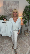 Load and play video in Gallery viewer, 5191-Ruched Dolman Sleeve Button Front Blouse-ICE BLUE
