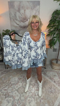 Load and play video in Gallery viewer, 5177-Long Flare Slv Top with Smocked Bodice-BLU/WT

