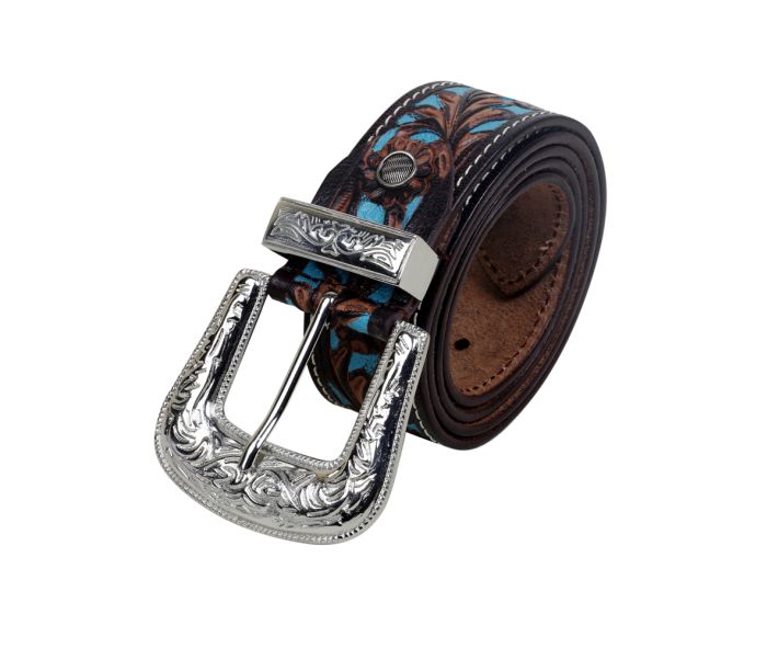 S-2927- MYRA-Turquoise Hand-Tooled leather belt