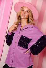 Load image into Gallery viewer, 3039-Sequin Color Block Twill Shacket-PURPLE
