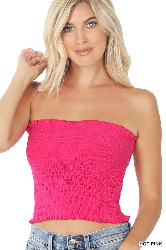 1667-SMOCKED TUBE TOP-HOT PINK