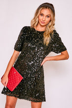 Load image into Gallery viewer, 1880-ROUND NECK PUFF SHOULDER SEQUIN DRESS-BLACK
