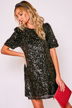 Load image into Gallery viewer, 1880-ROUND NECK PUFF SHOULDER SEQUIN DRESS-BLACK
