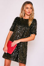 Load image into Gallery viewer, 1880-ROUND NECK PUFF SHOULDER SEQUIN DRESS-BLACK
