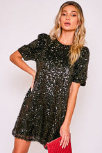 Load image into Gallery viewer, 1880-ROUND NECK PUFF SHOULDER SEQUIN DRESS-BLACK
