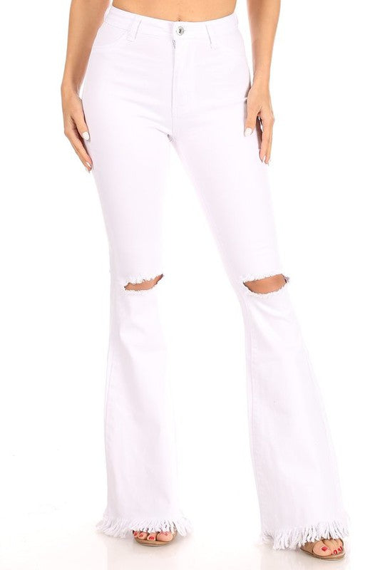 1435- FRAYED HEM FLARE JEANS-WHITE