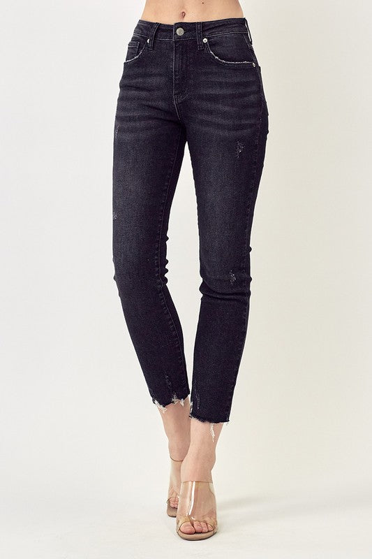 1254-MID RISE RAW HEM SKINNY -BLACK