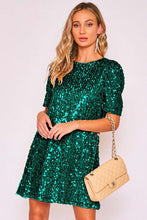 Load image into Gallery viewer, 1881-ROUND NECK PUFF SHOULDER SEQUIN DRESS-HUNTER
