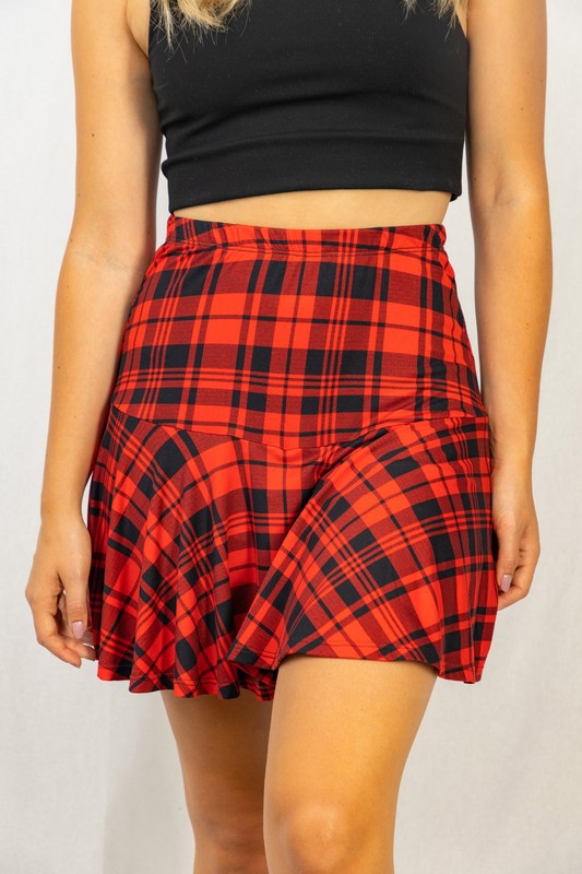 1239-High Waisted Plaid Knit Skort-RED