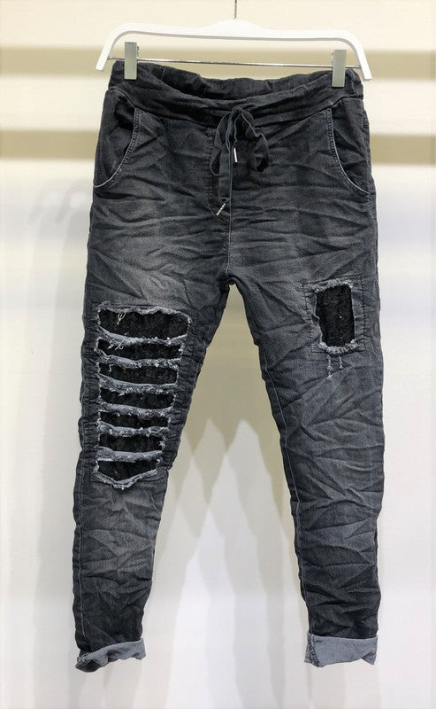 1324-SEQUIN STRIPE KNEE PATCH CRINKLE JOGGER