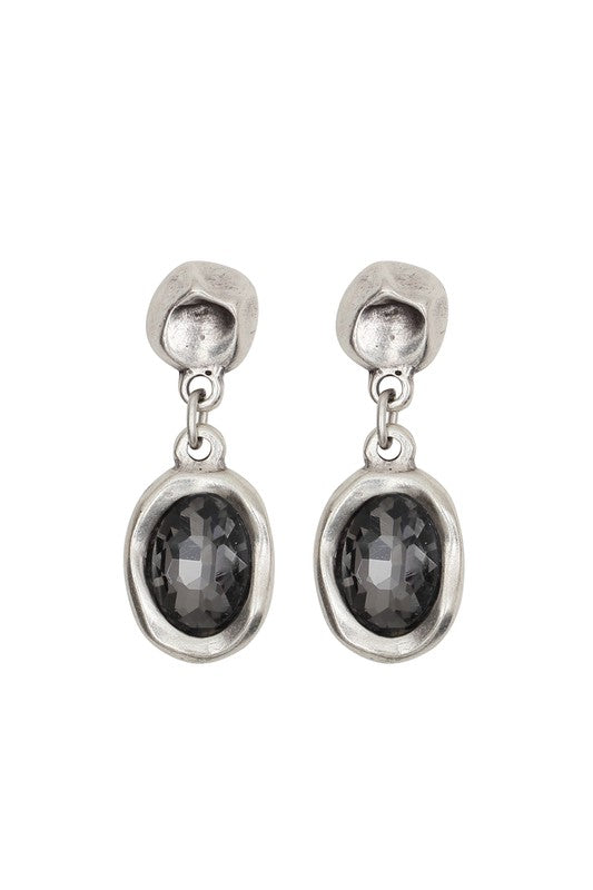 NE1529-Hand made pewter silver plated earrings with smoke crystal.