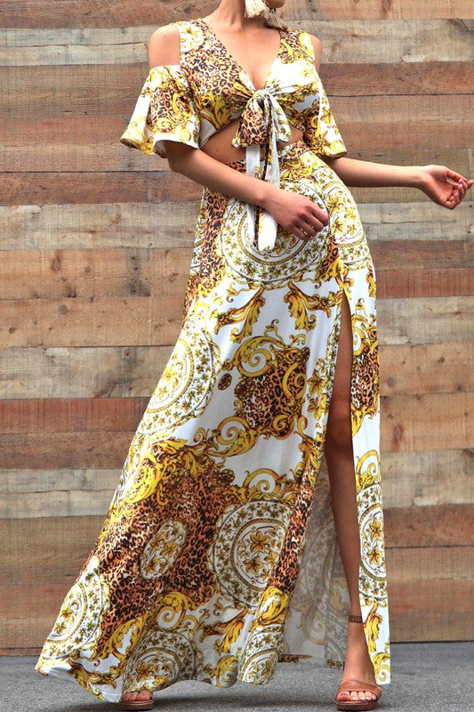 3165-Printed Venetian V Neck Maxi Dress