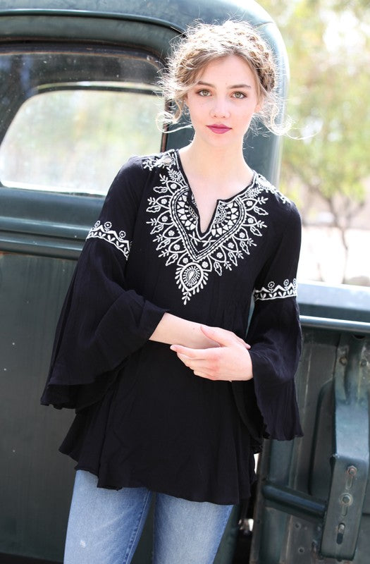 2055-BELL SLEEVE TOP WITH EMBROIDERY