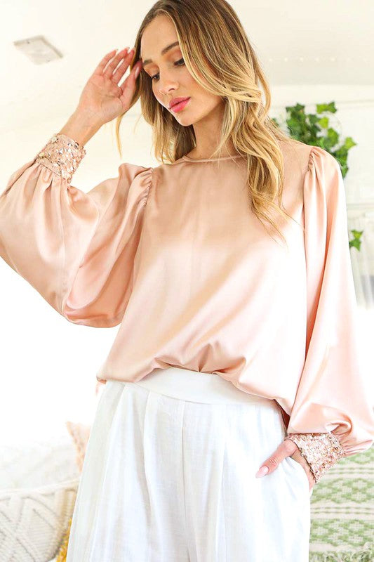 1887- SEQUIN CUFF LONG SLEEVE TOP-BLUSH