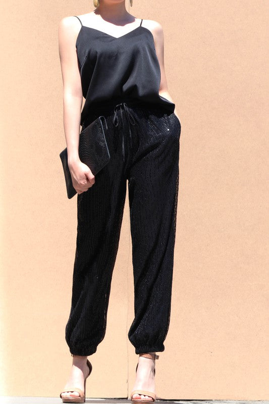 1982-SEQUIN PANT AND SATIN TOP SET-BLACK