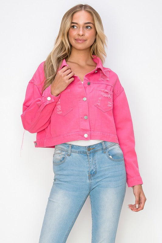 2002-Cropped Fringe Denim Jacket-Pink