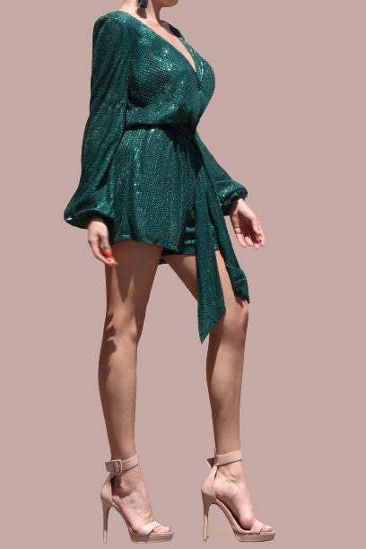 2048-SEQUIN V NECK ROMPER -HUNTER