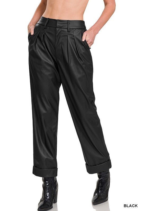 2047-VEGAN LEATHER PLEAT FRONT PANTS-BLACK