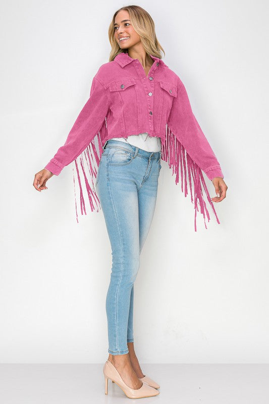 2094-Cropped Fringe Denim Jacket-Rose