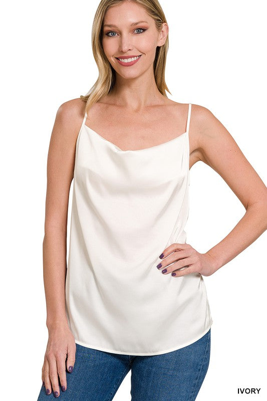 3368- Satin Cowl Neck Cami- IVORY