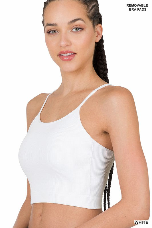 13197-RIBBED SEAMLESS CROPPED CAMI WITH BRA PADS-WHITE