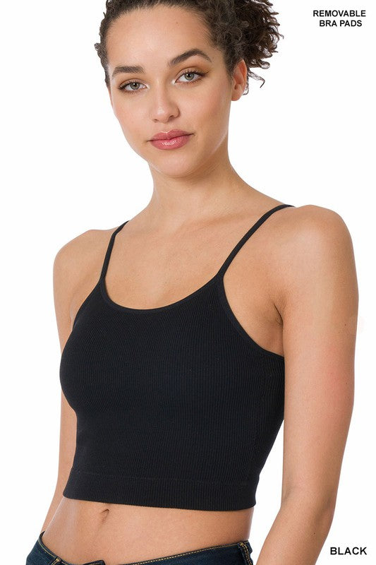 13196-RIBBED SEAMLESS CROPPED CAMI WITH BRA PADS-BLACK