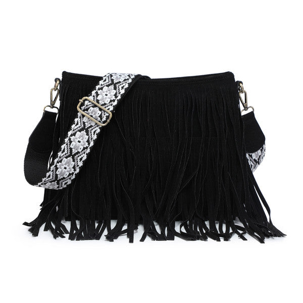 JEN & CO-M2045 Sadie Suede Fringe Crossbody w/ Guitar Strap-BLACK