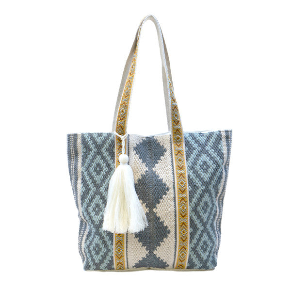 JEN & CO-M2154 Tina Diamond Cotton Tote w/ Patterned Handles