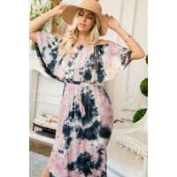 Load image into Gallery viewer, 956-TIE-DYED OFF SHOULDER MAXI DRESS-MAUVE

