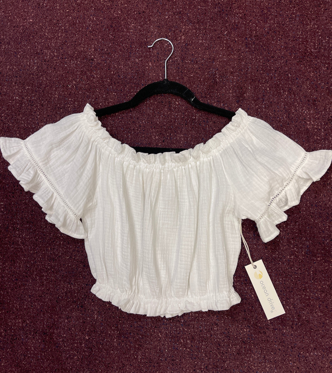 B10470-WHT- WHITE GAUZE OFF THE SHOULDER BELL SLEEVE TOP