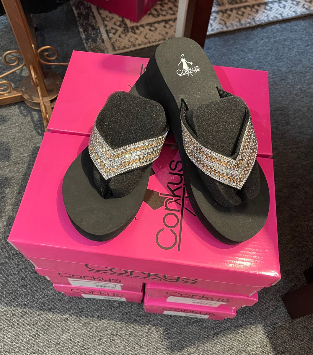 1657- CORKYS!! HARDY SPARKLE WEDGE SANDAL-BRONZE