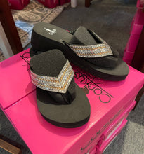 Load image into Gallery viewer, 1657- CORKYS!! HARDY SPARKLE WEDGE SANDAL-BRONZE
